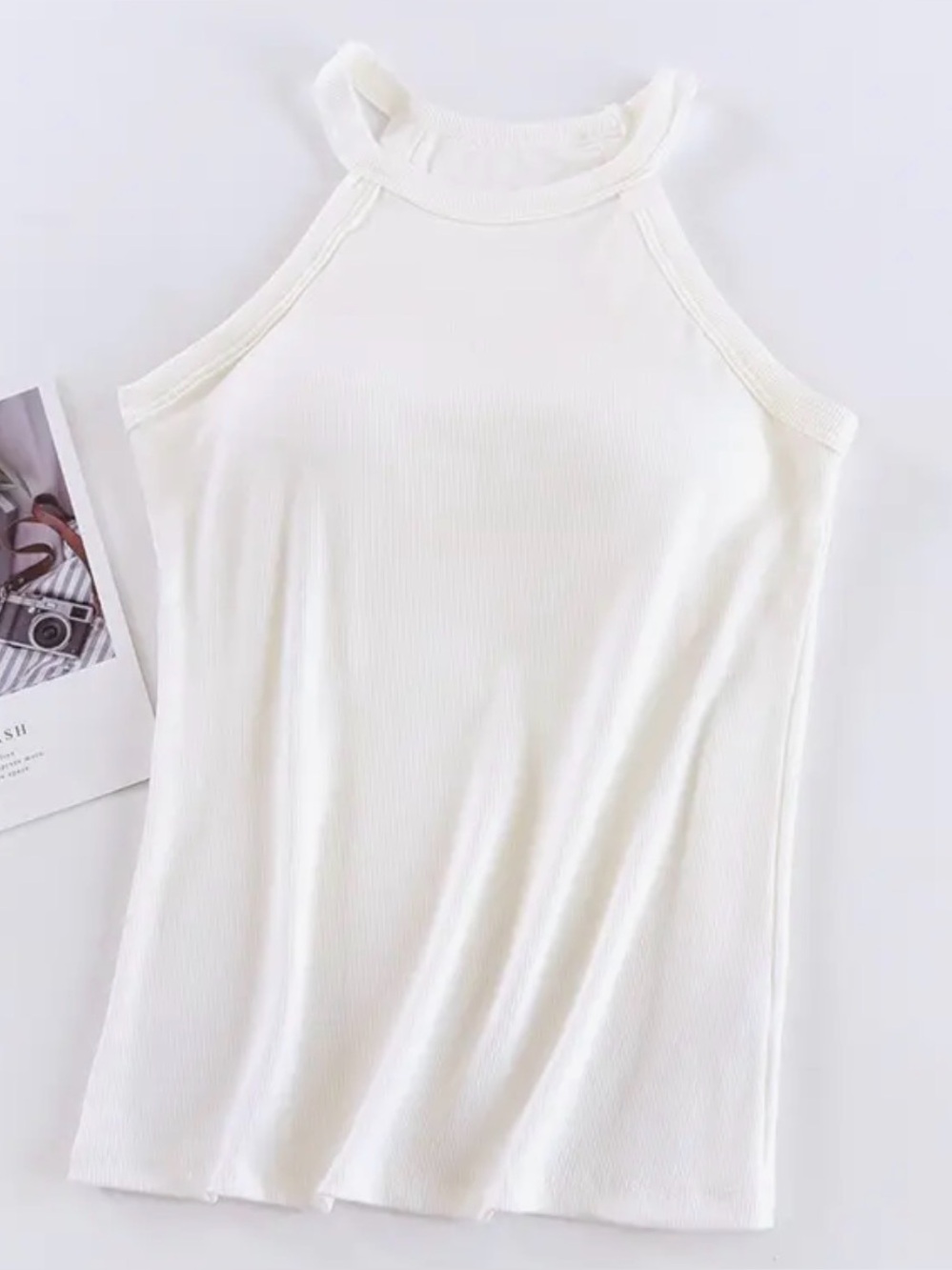 Ribbed High Neck Tank Top - White